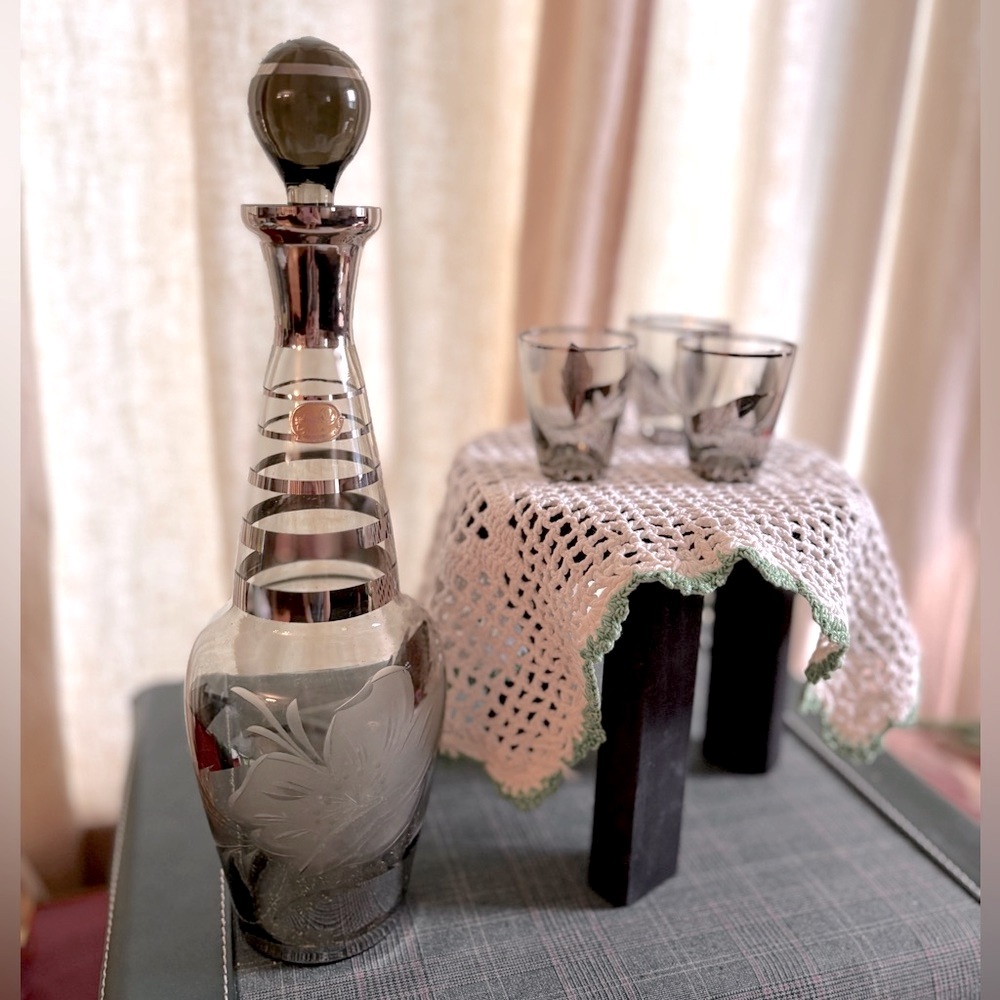 Vintage Bohemia Murmac Silver Frosted decanter bottle shot glass Czech mcm